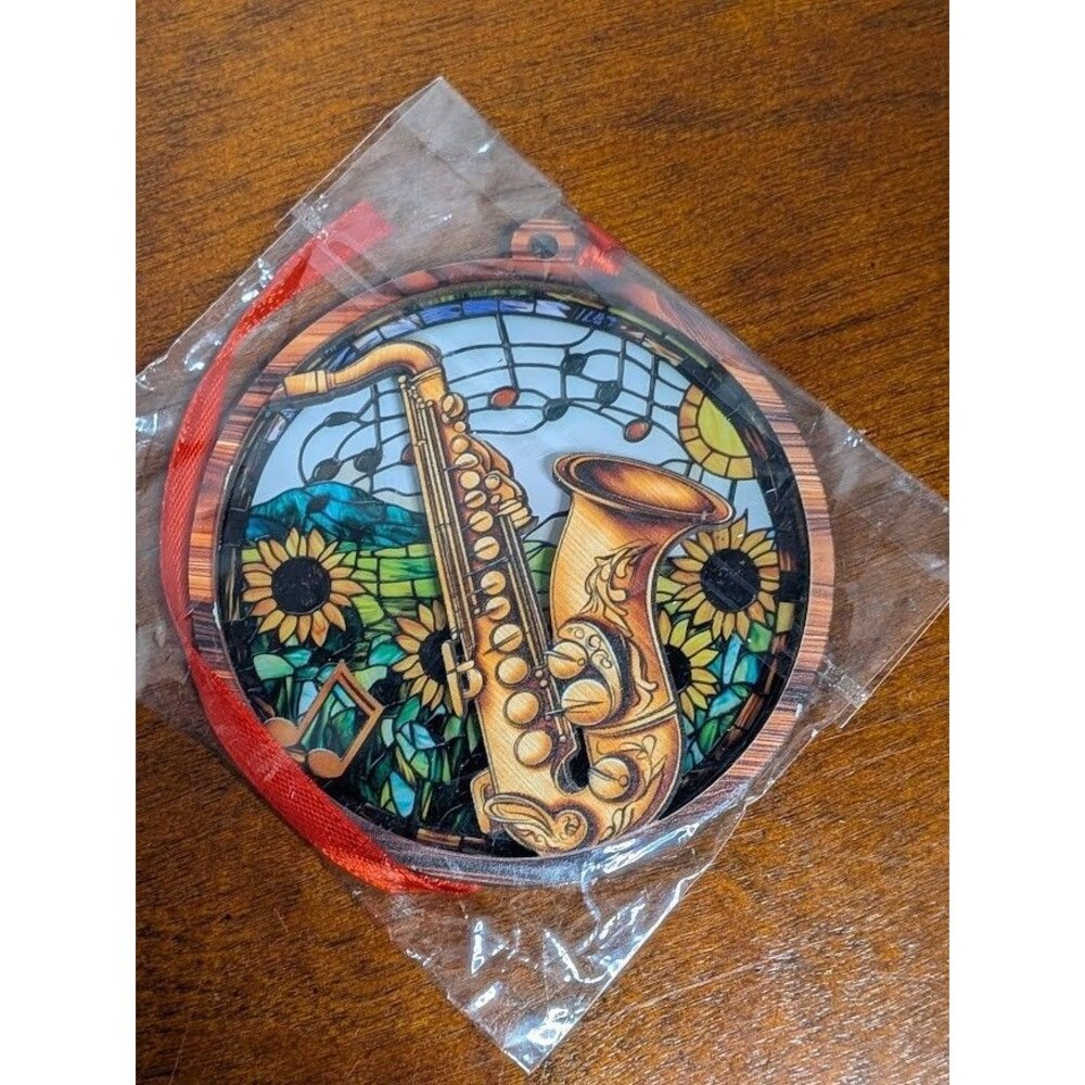 NEW Saxophone Music Ornament Sunflower Stained Glass Style Gift for Jazz Player